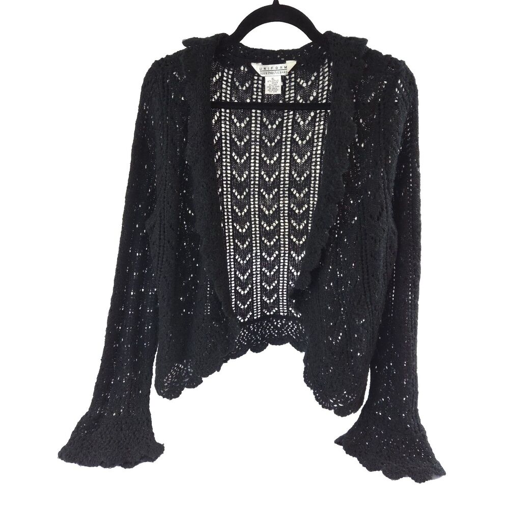VTG Y2K John Paul Richard Flared Sleeve Open Knit Cardigan Black XL Whimsigoth